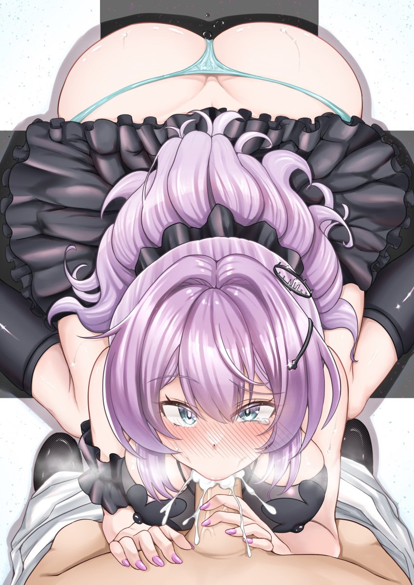 1boy 1girls alternate_breast_size alternate_costume azur_lane blowjob blowjob_face blue_eyes blue_panties blush breasts cleavage clothed_female_nude_male cum cum_in_mouth cum_inside dress duo eesuke_(shin1athke) ejaculation eyebrows_visible_through_hair fellatio female female_only hair_ornament huge_breasts javelin_(a_different_dance)_(azur_lane) javelin_(azur_lane) light-skinned_female light-skinned_male light_skin nipple_bulge nose_blush official_alternate_costume panties penis purple_hair purple_nails pussy_juice royal_navy_(azur_lane) solo_focus sweat