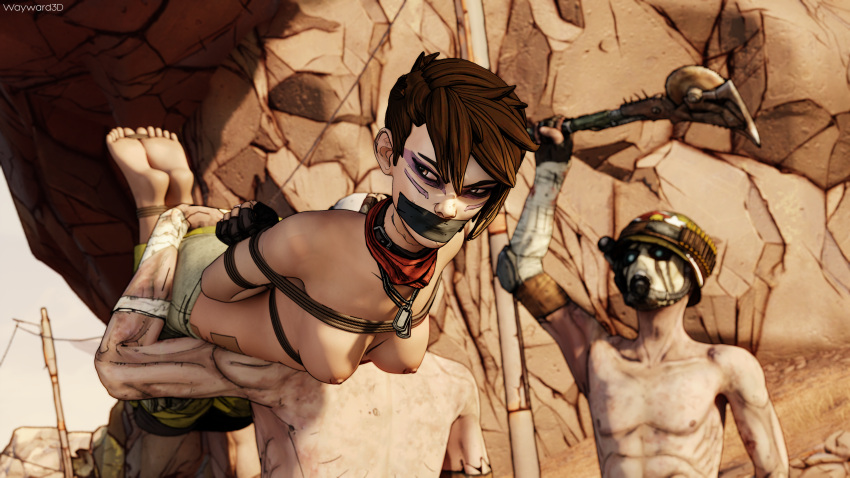 3d arms_tied_behind_back bondage borderlands borderlands_3 captured defeated female femsub male moze_(borderlands) public_nudity short_hair waywardsfm