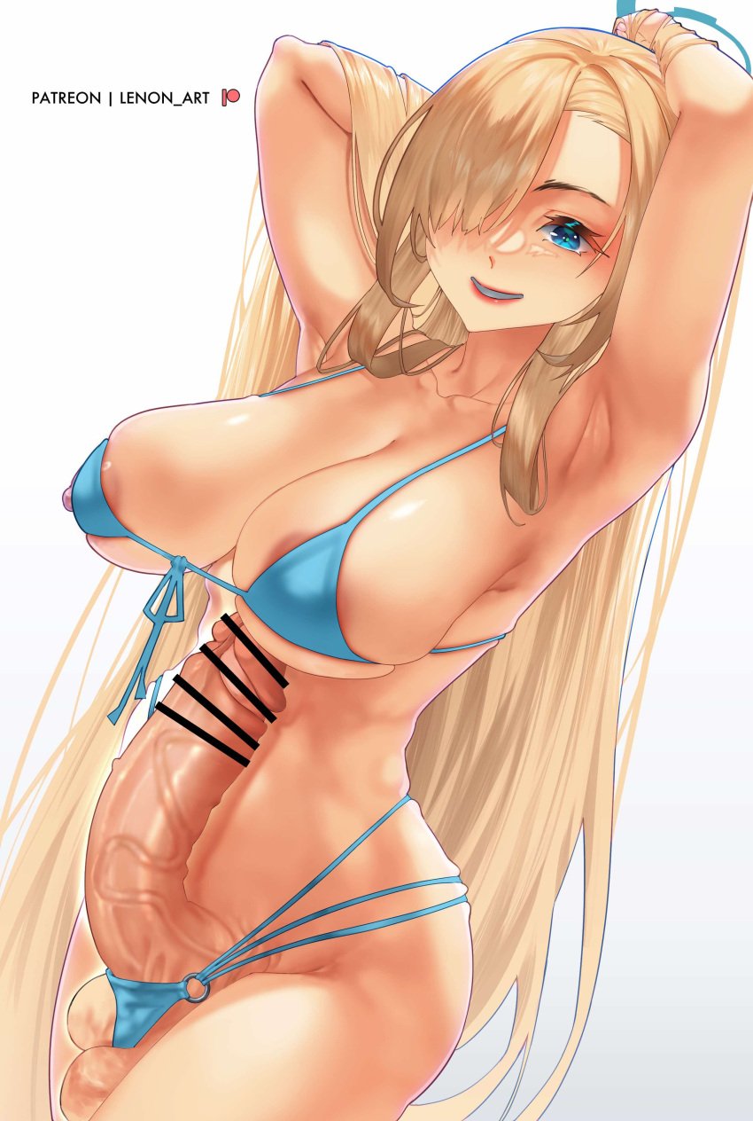 1futa asuna_(blue_archive) balls big_breasts big_penis blonde_hair blue_archive breasts censored clothed clothing erection futa_only futanari human lenon_artz light-skinned_futanari light_skin long_hair millennium_science_school_student mostly_nude penis solo solo_futa standing