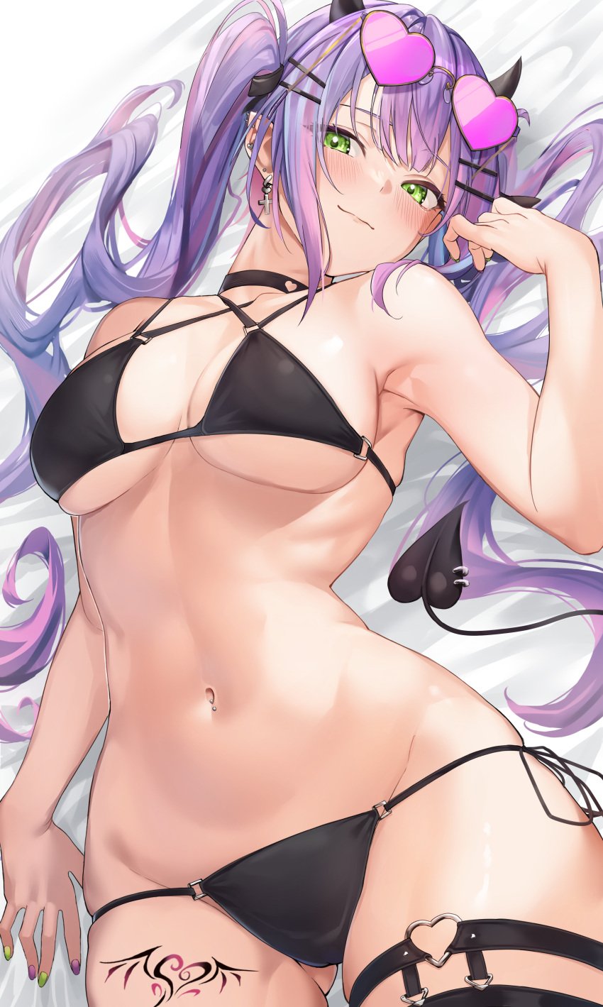 1girls bikini blush choker colored_nails devil_horns devil_tail female_only green_eyes holoforce hololive hololive_japan laying_down light-skinned_female midriff piercing purple_hair rag76 smile sunglasses sunglasses_on_head tattoo thigh_strap tokoyami_towa twintails virtual_youtuber vtuber