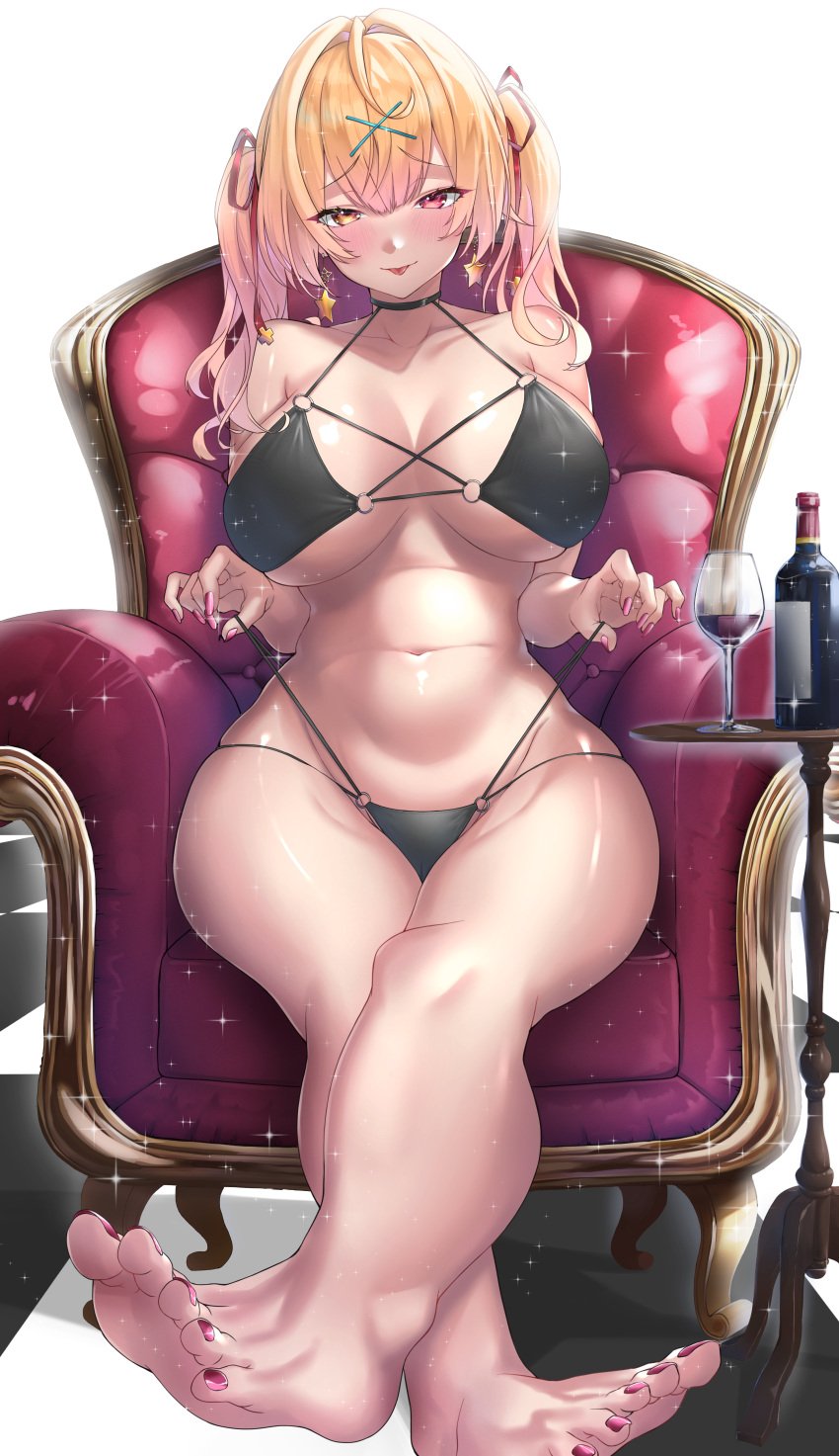 1girls big_breasts bikini blonde_hair blush breasts chair choker colored_nails earrings feet female_only gradient_hair hair_ornament hair_ribbon heterochromia hoshikawa_sara huge_breasts light-skinned_female midriff nijisanji pink_hair pulling_underwear rag76 red_eyes thighs virtual_youtuber wine wine_bottle wine_glass yellow_eyes