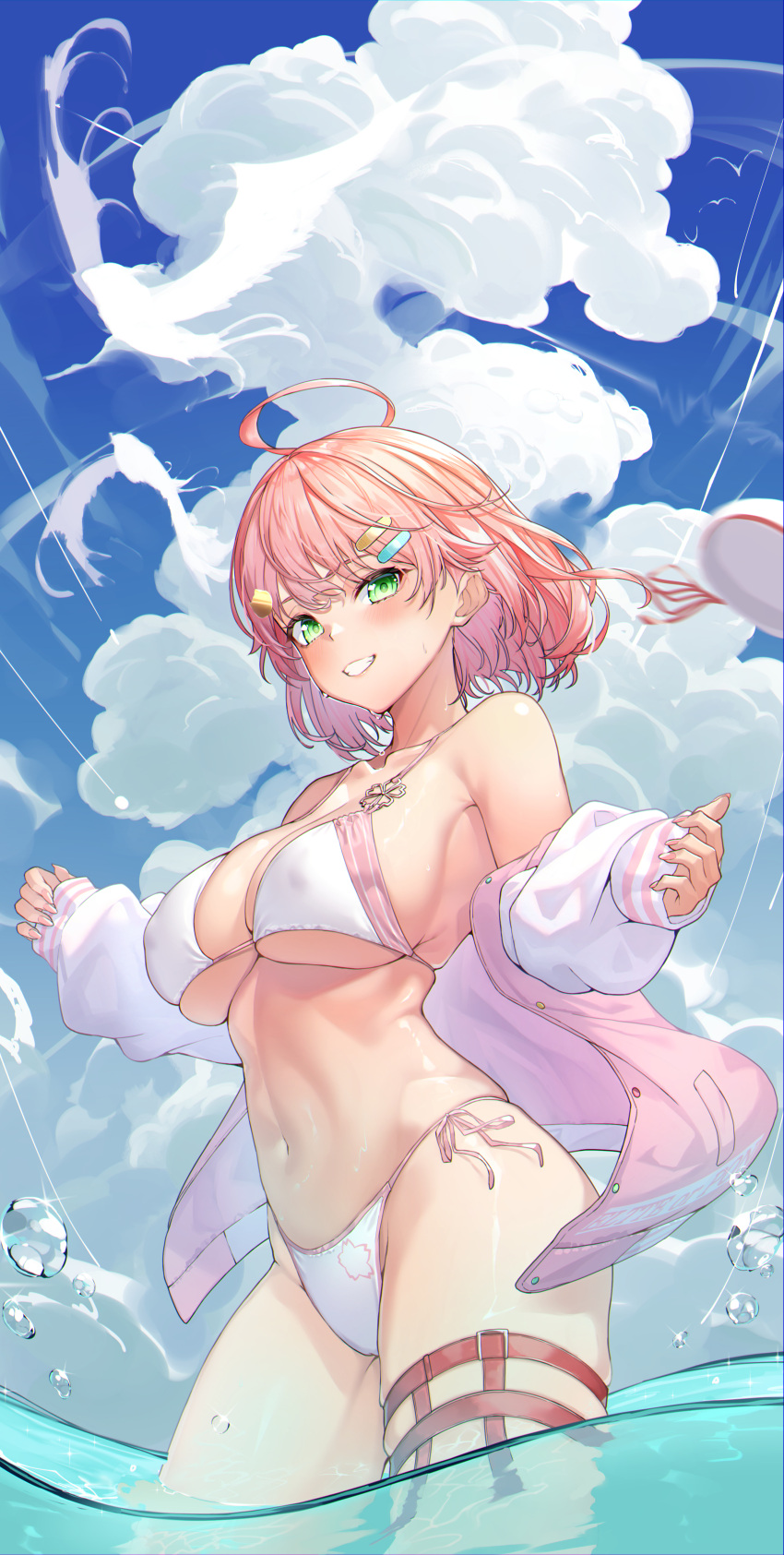 1girls bare_shoulders belly belly_button big_breasts bikini breasts cleavage clothing cloud collarbone female female_focus female_only green_eyes hair_ornament hairclip hololive hololive_gen_0 hololive_japan in_water jacket legs legs_apart light-skinned_female light_skin medium_hair midriff navel open_eyes panties pink_hair rag76 sakura_miko sideboob smile solo standing standing_in_water string_bikini thigh_strap virtual_youtuber vtuber white_bikini