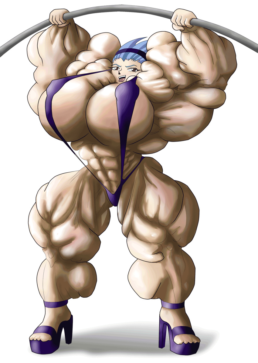 abs animated bad_anatomy bikini blue_hair bodybuilder breast_expansion extreme_muscles female green_skin heels high_heels large_thighs lowres muscles muscular_female nagi sling_bikini swimsuit