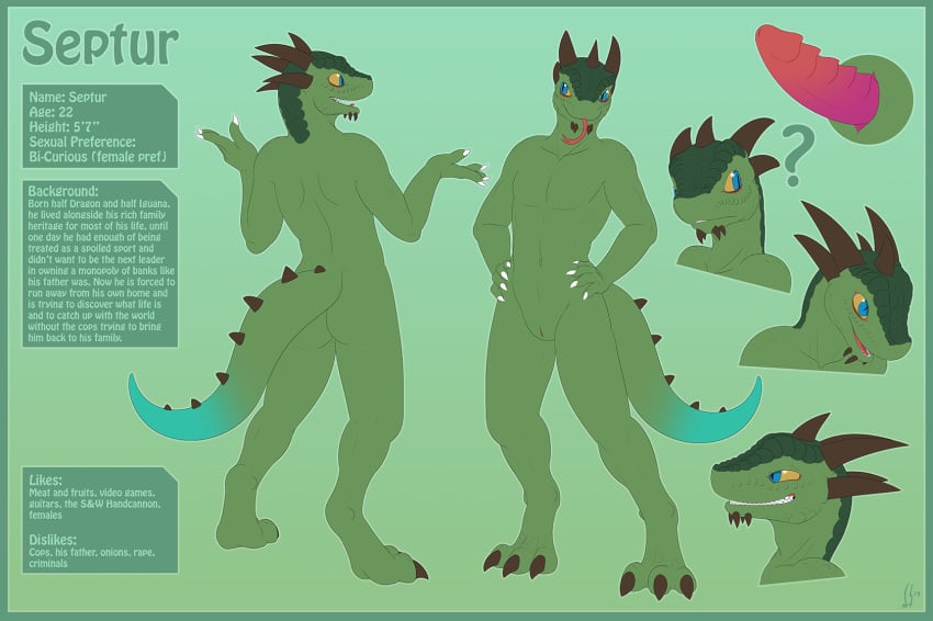 2014 ? blue_eyes bust digitigrade dragon english_text erection genital_slit grin hands_on_hips horn hybrid iguana lizard male male_only model_sheet navel nude penis reptile scalie slit small_penis solo standing text tongue tongue_out vader-san yellow_sclera