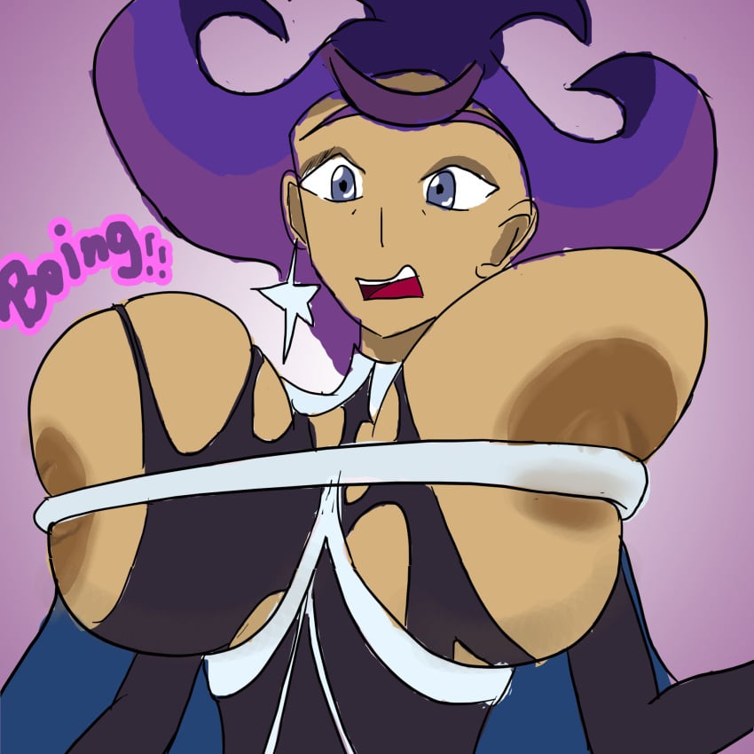 1girls areola big_breasts bodysuit breast_expansion breasts bursting_breasts cape clothed dark-skinned_female dark_skin female female_only gojika_(pokemon) hair huge_breasts human nintendo nipples olympia_(pokemon) pokemon pokemon_xy purple_eyes purple_hair short_hair source_request text torn_clothes watermark