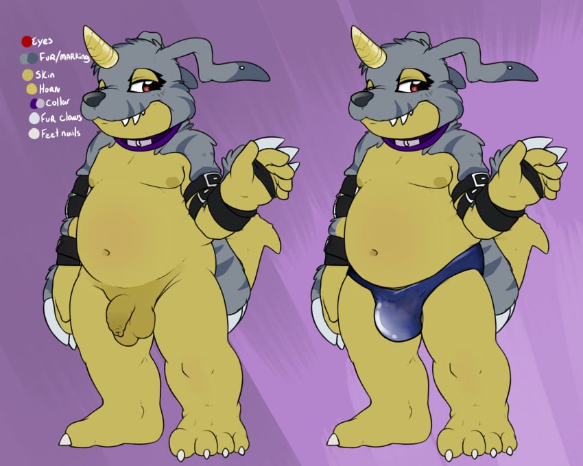 1boy bulge chubby collar colored comparison d-yoshi digimon flaccid flat_colors fur_pelt gabumon hairless half-closed_eyes horn leather_straps long_foreskin looking_at_viewer male male_only model_sheet moobs navel nude penis purple_background purple_eyes red_eyes scalie solo speedo standing swimsuit testicles text uncut waving