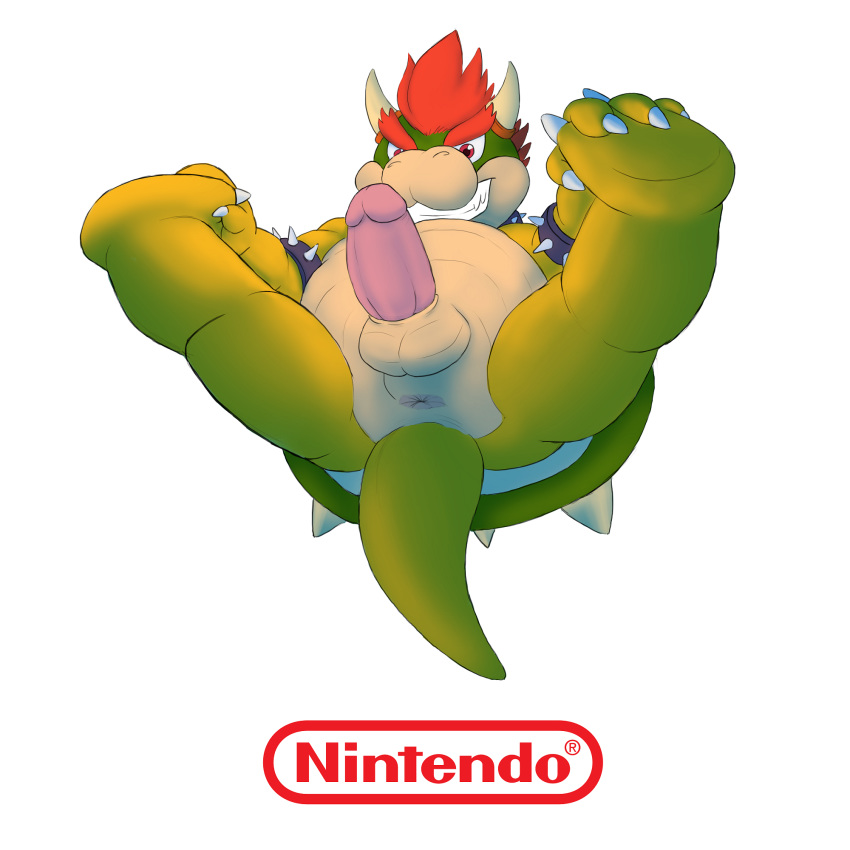 anus arm_bands bowser company_name grin koopa looking_at_viewer lying male_only mario_(series) nintendo on_back penis presenting red-9 reptile scalie shell turtle