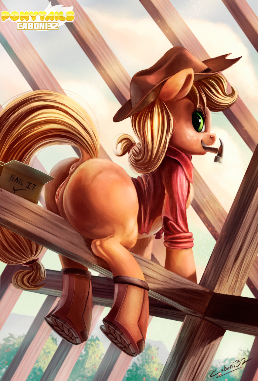 2014 anus applejack_(mlp) ass back_turned bedroom_eyes blonde_hair caboni32 clitoris construction equine exposed female feral freckles friendship_is_magic fur green_eyes hair hammer hat hi_res hooves horse innuendo long_hair looking_at_viewer looking_back mammal my_little_pony nails orange_fur pony pussy raised_tail shirt signature smile solo