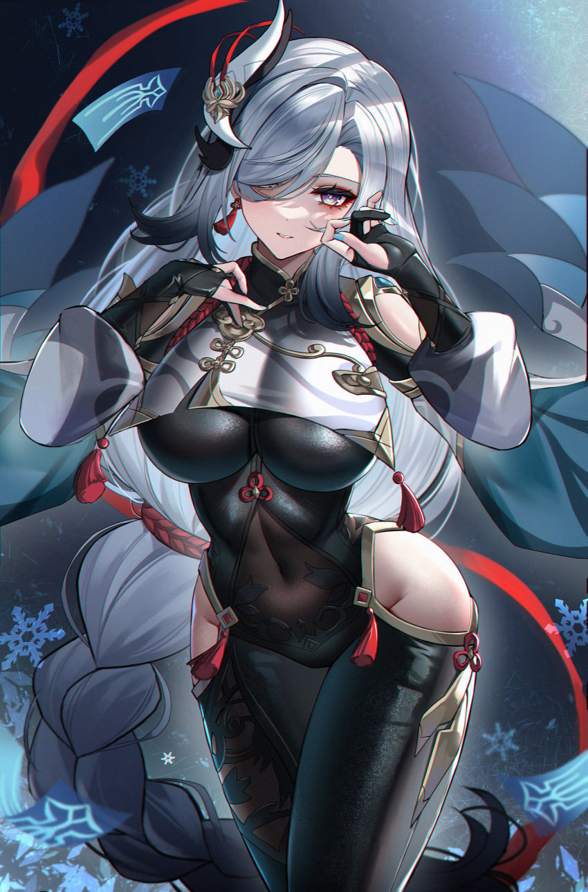 1girls bangs black_bodysuit blue_nails bodysuit braid braided_ponytail breasts earrings eternity_(shadeh) female female_only genshin_impact grey_hair hair_ornament hair_over_one_eye highres hip_vent jewelry large_breasts long_hair long_sleeves looking_at_viewer nail_polish navel shenhe_(genshin_impact) skin_tight thick_thighs thighs two-tone_hair very_long_hair white_hair wide_hips