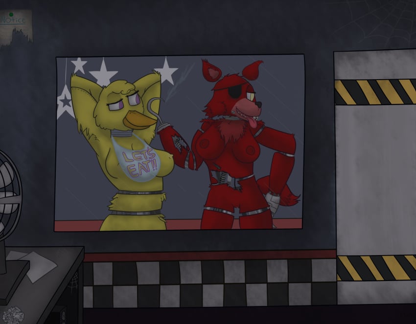 animatronic anthro anthrofied ass avian bedroom_eyes bird breasts buttcable canine chest_tuft chica_(fnaf) chicken color duo eyelashes fan fangs female female_foxy fishy-pony five_nights_at_freddy's fox foxy_(fnaf) fur hi_res hook machine mammal mechanical open_mouth paws presenting pussy pussy_juice rule_63 screw sharp_teeth sideboob smile smooth_skin teeth tongue tongue_out tuft wet