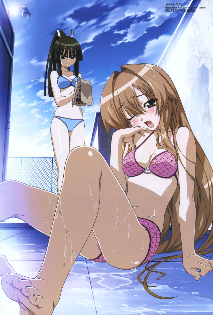 barefoot bikini black_eyes black_hair blush brown_eyes brown_hair feet female female_only high_resolution long_hair megami mizugi morita_kazuaki multiple_girls my_bride_is_a_mermaid notepad open_mouth ponytail scan seto_no_hanayome seto_sun shiranui_akeno sitting swimsuit tied_hair wet wince