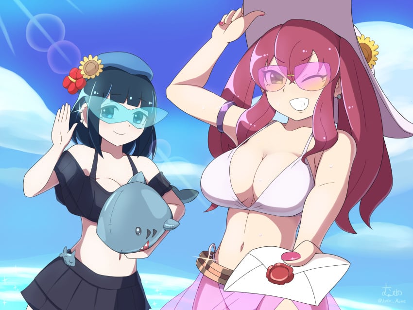 2girls beach blue-tinted_eyewear demon_girl duel_monster evil_twin_ki-sikil gomi53 ki-sikil_(yu-gi-oh!) lil-la_(yu-gi-oh!) pink-tinted_eyewear sunglasses tinted_eyewear twins yu-gi-oh!