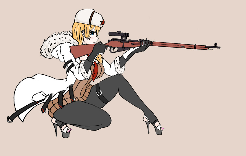 blonde_hair blue_eyes fur_trim girls'_frontline high_heels hood hood_down jacket mosin-nagant_(girls'_frontline) nail_polish pantyhose platform_heels red_scarf side_ponytail sniper_rifle squatting stirrup_legwear sweater_dress ushanka white_coat wide_hips