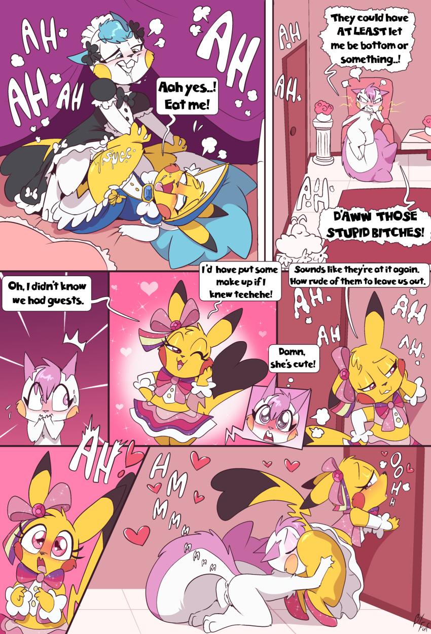 absurd_res anthro clothed clothing comic cosplay_pikachu dialogue english_text female female/female fuf fur genitals hi_res nintendo pachirisu pikachu pikachu_belle pikachu_pop_star pokemon pokemon_(species) pussy text white_body white_fur yellow_body yellow_fur