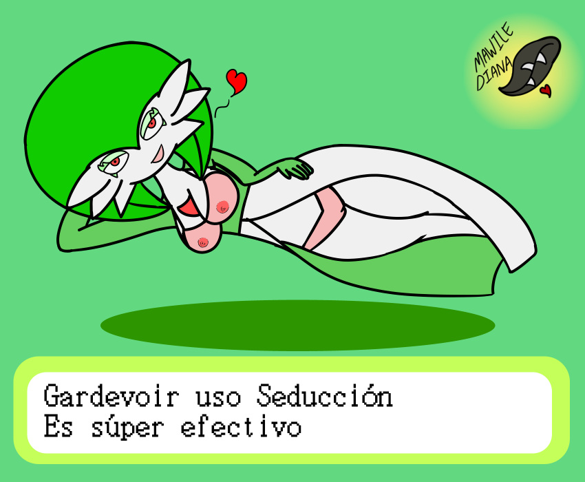 breasts diana_roel female female_focus female_only gardevoir generation_3_pokemon green_hair mawilediana nintendo nipples pokémon_(species) pokemon pokemon_(species) pokemon_move red_eyes spanish_text text white_body