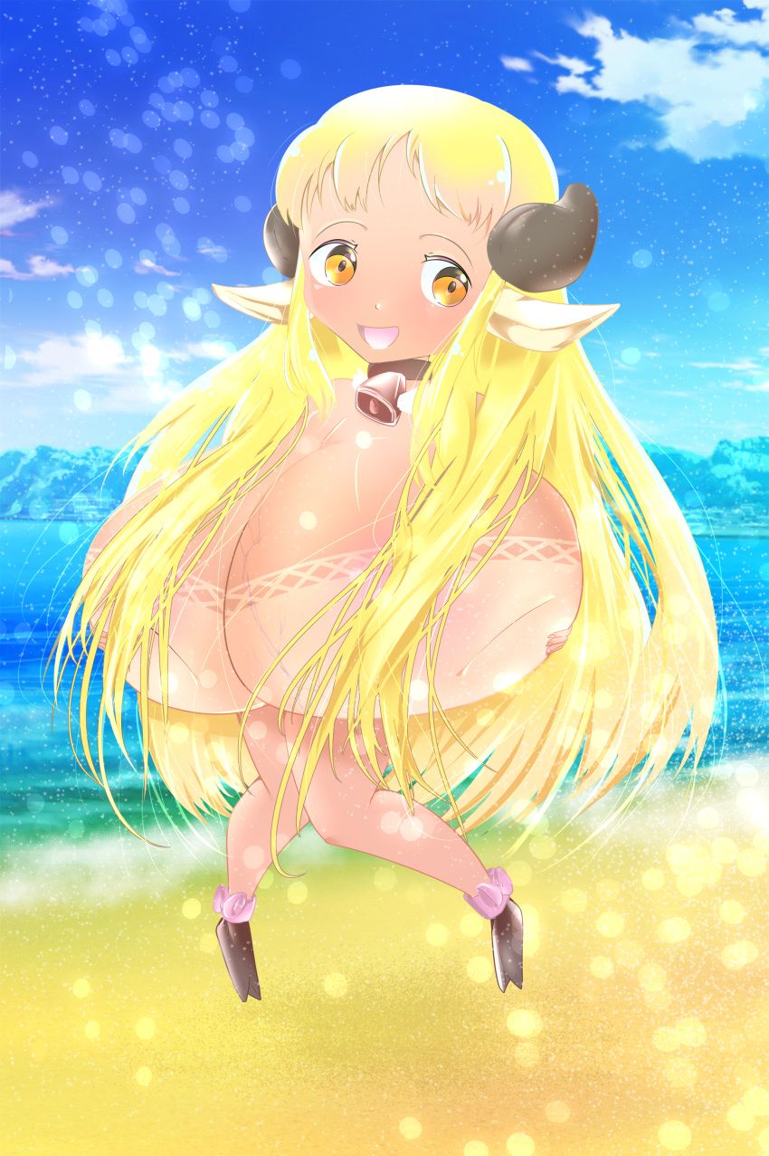 absurd_res animal_humanoid beach big_breasts bovid bovid_humanoid bovine bovine_humanoid breasts collar collar_only cowbell female hi_res huge_breasts humanoid hyper hyper_breasts levitation looking_at_viewer lumebento mammal mammal_humanoid nude official_art polymonfur_how_to_be_polyamorous_in_a_world_of_monsters_and_furries sand sea seaside short_stack solo suntan tan_body tan_line tapirclip water