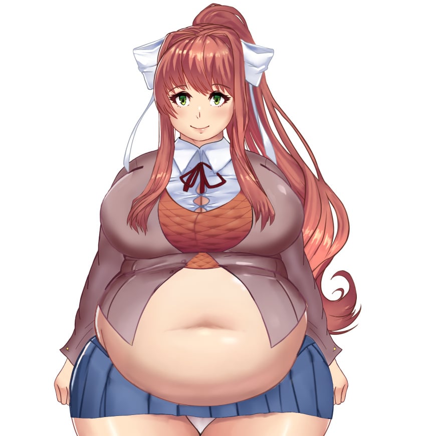 1girls bbw belly big_belly big_breasts breasts chubby chubby_female doki_doki_literature_club fat fat_female fat_girl fat_woman female female_only green_eyes huge_belly kipteitei light-skinned_female light_skin long_hair monika_(doki_doki_literature_club) obese obese_female overweight overweight_female panties panties_showing reupload school_uniform schoolgirl short_skirt solo solo_female ssbbw thick_thighs tight_clothing weight_gain white_background