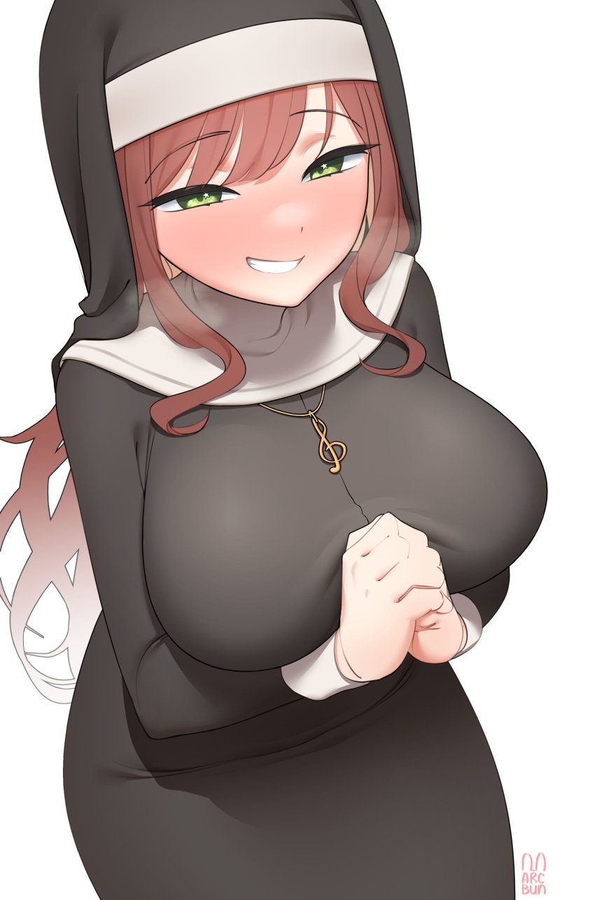 1girls arcbun big_breasts blush brown_hair fully_clothed fully_clothed_female green_eyes hands_together hi_res highres indie_virtual_youtuber large_breasts looking_at_viewer looking_up miori_celesta nun nun_habit nun_outfit smile smiling_at_viewer smug smug_face solo solo_female solo_focus steam tsunderia viewed_from_above virtual_youtuber white_background