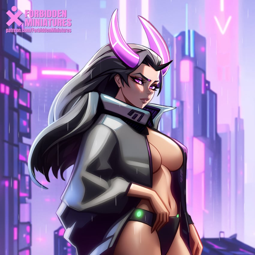 1girls ai_generated anime_style big_breasts black_hair breasts city_background cityscape cleavage concept concept_art cyberpunk cyberpunk_2077 female forbiddenminiatures futuristic horn horned_female horns jacket long_hair long_sleeves looking_at_viewer open_jacket panties raincoat raining self_upload succubus