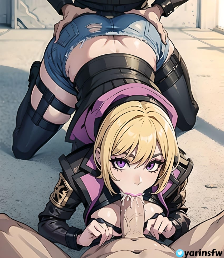 1girls 2boys ai_generated ass blonde_hair blowjob clothed cum cum_in_mouth cum_inside double_penetration evelynn female league_of_legends penis purple_eyes soul_fighter_evelynn soul_fighter_series spitroast sucking_penis thick_thighs thighhighs thighs