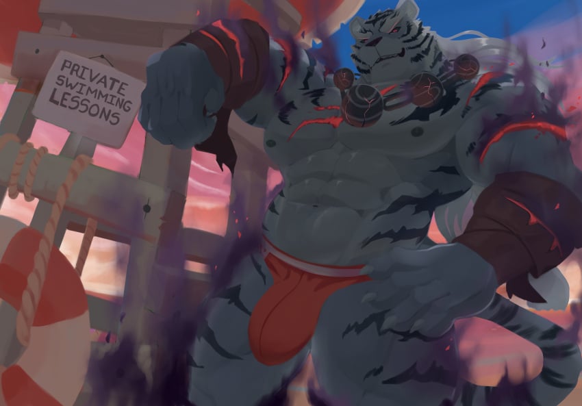 1boy 2020 abs anthro bara barazoku biceps bulge claws felid fur furry gay hi_res highres kunn_(artist) lifeguard male male_focus male_only mammal muscles muscular muscular_anthro muscular_arms muscular_legs muscular_male muscular_thighs nipples pang_(sdorica) pantherine sdorica sdorica_sunset solo solo_male swimwear tail tiger