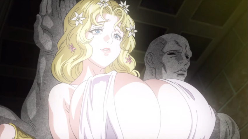 1girls aphrodite aphrodite_(shuumatsu_no_valkyrie) blonde_hair blue_eyes breast_grab breast_hold breast_lift breasts huge_breasts large_breasts record_of_ragnarok screencap shuumatsu_no_valkyrie