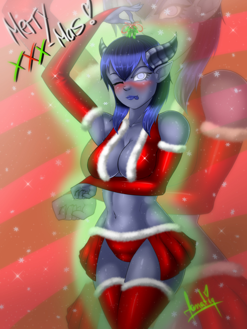 1girls blizzard_entertainment blue_hair blue_skin blush christmas draenei fanatiq horns mistletoe nepetune original_character skimpy_clothes solo stockings warcraft winter_veil world_of_warcraft