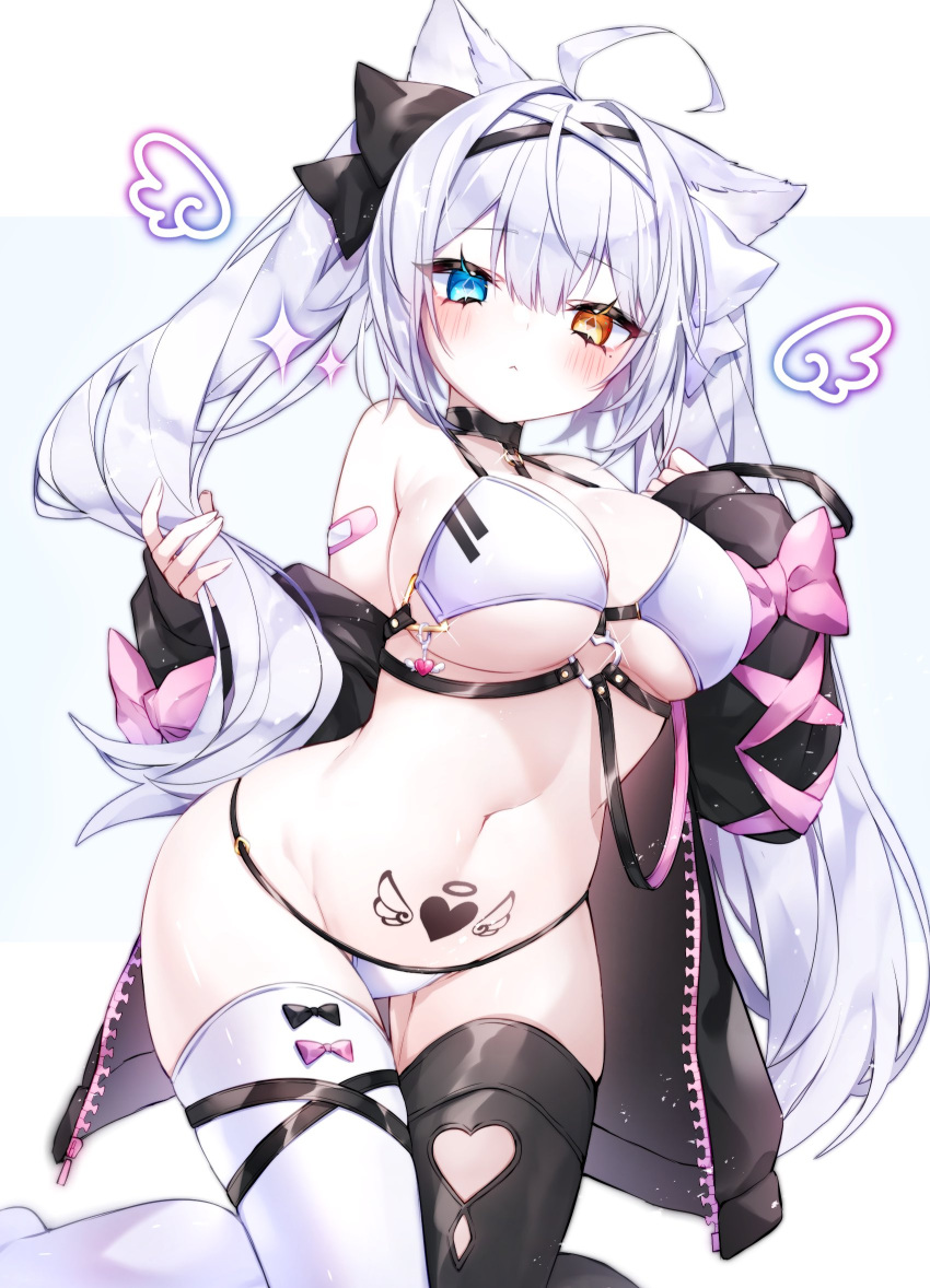 1girls :< ahoge animal_ears bandaid bandaid_on_arm bikini black_bow black_jacket black_thighhighs blue_eyes blush bow breasts cat_ears cat_girl choker cleavage female female female_only hairbow heart heterochromia highres jacket large_breasts long_hair long_sleeves looking_at_viewer navel nazu_(dz_lovew01) open_clothes open_jacket original pink_bow pubic_tattoo solo stomach swimsuit tattoo thighhighs white_background white_bikini white_hair white_thighhighs