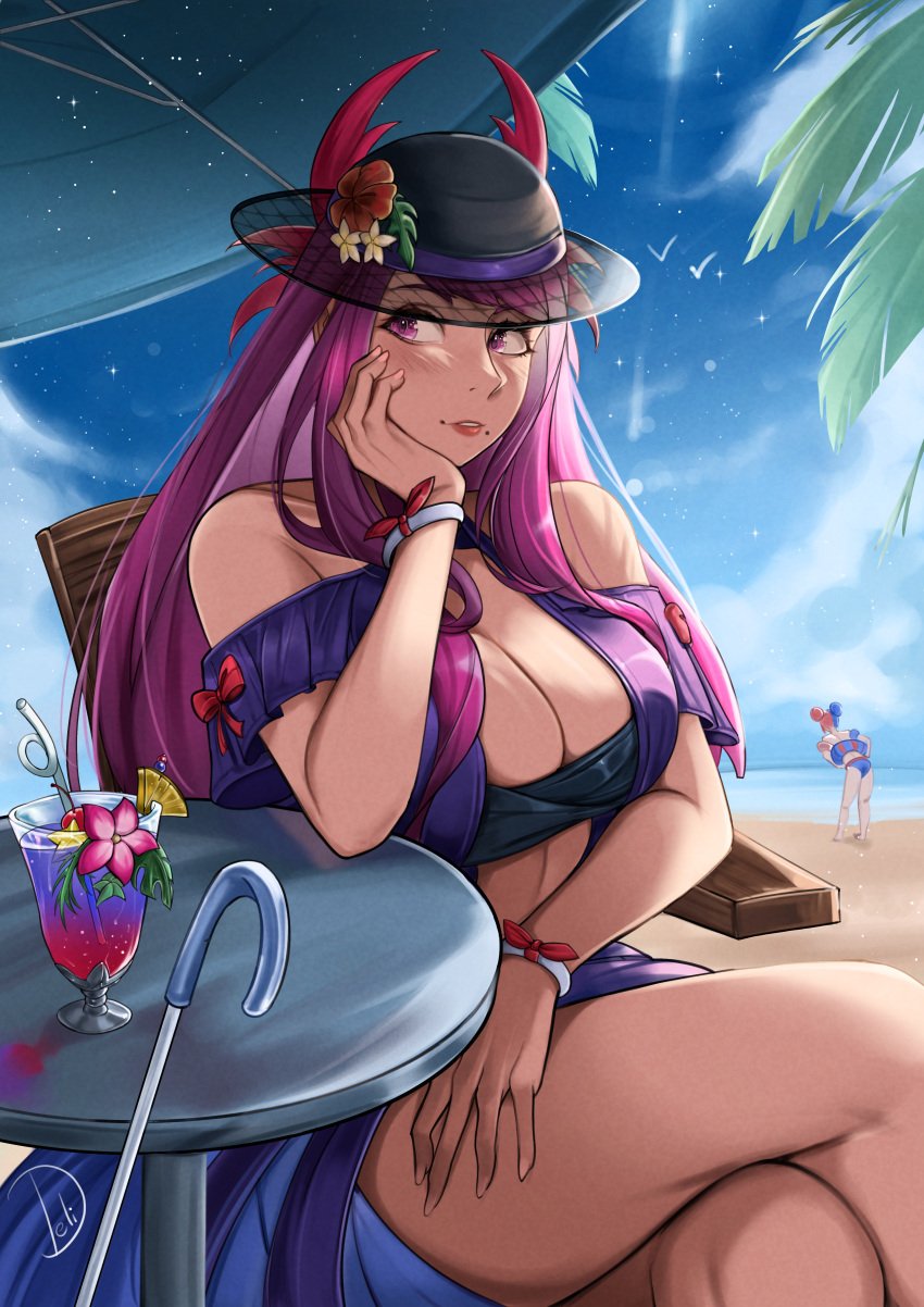 2girls absurdres alear_(female)_(fire_emblem) alear_(fire_emblem) alternate_costume alternate_hairstyle artist_name ass bare_shoulders beach beauty_mark bikini black_headwear blue_hair blue_one-piece_swimsuit blue_sky blue_swimsuit blush bracelet breasts cleavage cloud commentary cup day delicious_brain deliciousbra drink drinking_glass female female_only fire_emblem fire_emblem_engage fire_emblem_heroes flower flower_on_hat hairbun hand_up hat hat_flower highres inflatable innertube ivy_(fire_emblem) ivy_(summer)_(fire_emblem) large_breasts long_hair looking_at_viewer mole mole_under_mouth multicolored_hair multiple_girls nintendo official_alternate_costume one-piece_swimsuit palm_tree parasol parted_lips purple_eyes purple_hair red_flower red_hair sand sitting sky solo_focus swimsuit table thick_thighs thighs two-tone_hair very_long_hair watermark