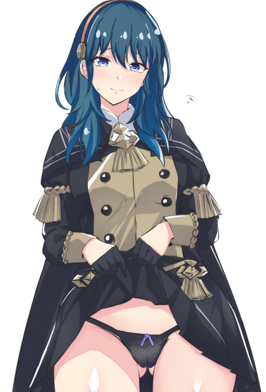 1girls absurdres ass_visible_through_thighs bare_thighs black_gloves black_panties black_skirt blue_eyes blue_hair blush breasts byleth_(fire_emblem) byleth_(fire_emblem)_(female) cape closed_mouth clothes_lift dot_nose epaulettes female female_only fire_emblem fire_emblem:_three_houses frilled_skirt frills garreg_mach_monastery_uniform gloves hair_between_eyes half_gloves headband highres large_breasts latte_daruta2 lifted_by_self long_hair looking_at_viewer medium_hair nintendo panties pleated_skirt shiny_skin simple_background skirt skirt_lift smile solo sweat sweatdrop teal_hair thick_thighs thighs underwear uniform upskirt white_background