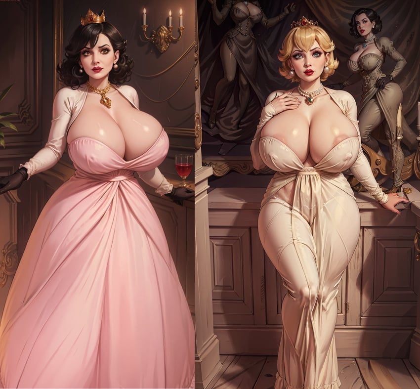 ai_generated alcina_dimitrescu alcina_dimitrescu_(cosplay) big_breasts blonde_female blonde_hair breasts brunette_hair capcom chownyou cleavage crown dress huge_breasts large_breasts mario_(series) nintendo princess_peach princess_peach_(cosplay) resident_evil resident_evil_8:_village