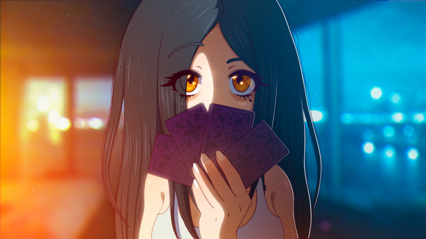 1girls black_hair cards color colored female female_only game_cg indoors kinky_fridays light-skinned_female light_skin looking_at_viewer michelle_(pieces_of_my_heart) pieces_of_my_heart playing_cards solo tagme white_nails yellow_eyes