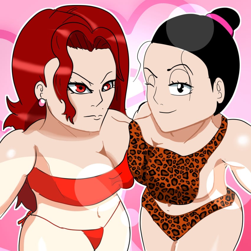 2021 2girls absurd_res absurdres alternate_breast_size big_breasts bikini bikini_bottom bikini_top black_eyes black_hair chichi dragon_ball dragon_ball_fighterz dragon_ball_super dragon_ball_z earrings female_only ginger ginger_hair hi_res high_resolution highres long_hair looking_at_viewer panties red_eyes red_hair straight_hair tejapaynensfw underwear