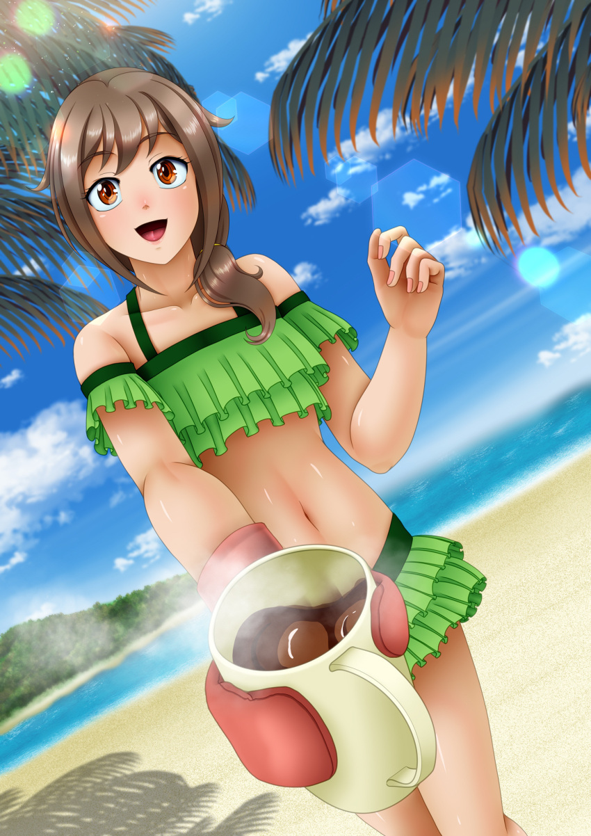 1girls amber_eyes beach belly_button bikini blue_sky brown_hair cheerful choccy_milk cute flat_chest frilled_bikini hacchake_yarou_a_team happy happy_female hatchake_taro hot_chocolate idolmaster idolmaster_cinderella_girls island looking_at_viewer midriff milo_(drink) mittens navel nestle no_nude palm_tree palm_trees quieres? safe senkawa_chihiro sfw smile sunny swimsuit swimwear wholesome