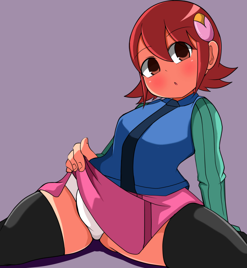 1futa breasts brown_hair bulge clothed clothing fully_clothed futa futa_only futanari human light-skinned_futanari light_skin mayl_sakurai mega_man mega_man_battle_network panties penis pink_hair short_hair sitting skirt solo thighhighs thighs uhauha