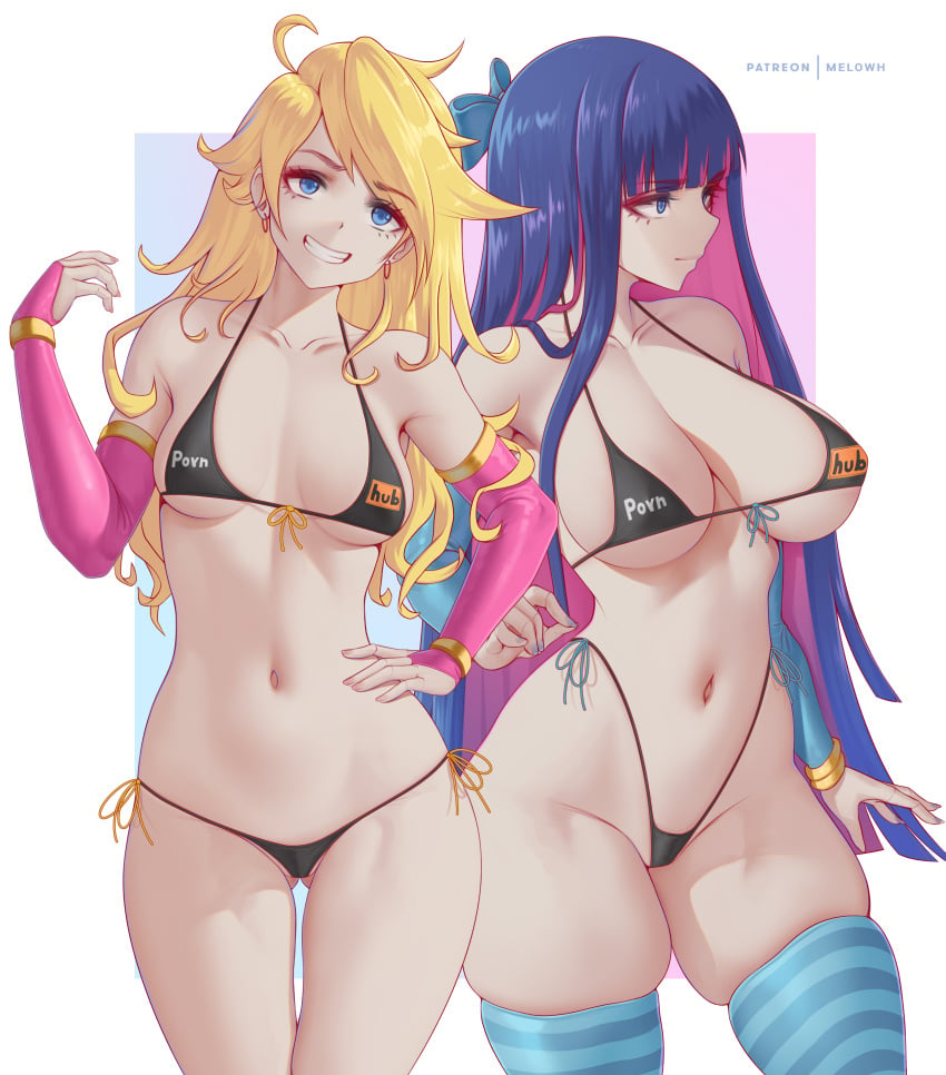 2girls bikini black_bikini blue_eyes breast_size_difference breasts female green_eyes huge_breasts light-skinned_female light_skin long_hair melowh micro_bikini naughty_face panties panty_&_stocking_with_garterbelt panty_anarchy pornhub pornhub_bra simple_background skindentation small_breasts stocking_anarchy thick_thighs thighhighs