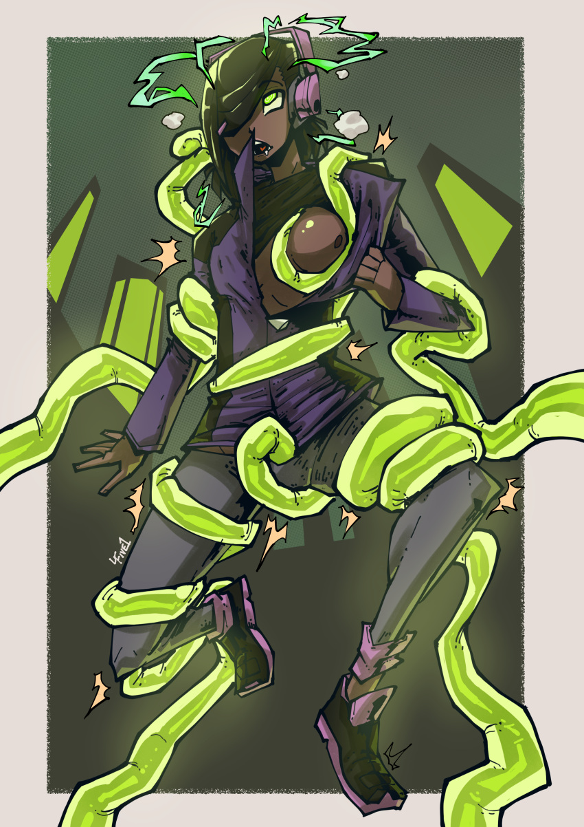 4five1 black_hair clothed coils dark_skin drool eye_roll femsub glowing glowing_eyes green_eyes hair_clips hair_covering_one_eye headphones jacket one_breast_out open_mouth original original_character spiral_eyes tentacle tentacle_sex tongue undressing