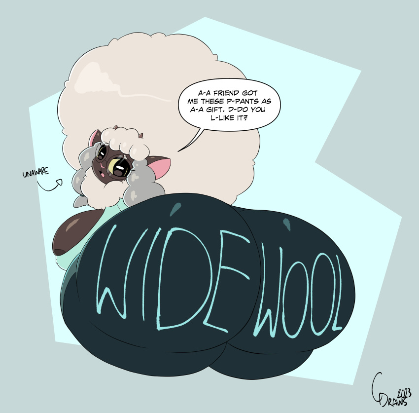 2023 big_ass big_breasts breasts bubble_butt caprine cinderdraws clothing clueless ewe female generation_8_pokemon huge_ass pokemon pokemon_(species) pokemon_ss sheep sheep_girl tagme text text_bubble text_on_clothing unaware wool_(fur) wooloo