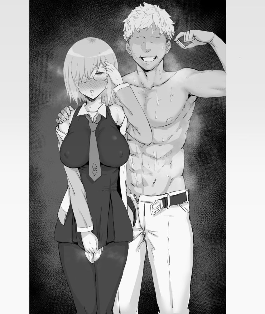 1boy abs after_sex belt between_breasts blush breasts covered_erect_nipples dress earrings embarrassed faceless faceless_male fate/grand_order fate_(series) female glasses gomu_(chewinggom) greyscale hair_over_one_eye hand_on_another hand_up highres holding jacket jewelry long_sleeves male mash_kyrielight medium_hair monochrome necktie necktie_between_breasts netorare off_shoulder one_eye_covered open_belt pants pantyhose parted_lips pillarboxed short_dress smile stud_earrings topless_male torn_clothes torn_legwear