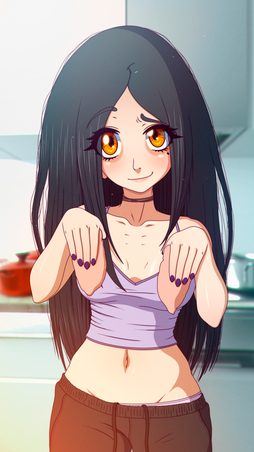 black_hair color colored female female_only game_cg kinky_fridays light-skinned_female light_skin looking_at_viewer michelle_(pieces_of_my_heart) orange_eyes petite pieces_of_my_heart purple_nails solo tagme teenager yellow_eyes