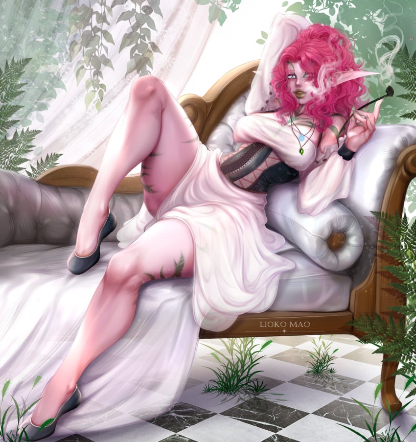 1girls arm_behind_head artist_name bent_leg body_markings clothed clothing commission corset detailed_background dress elf elf_ears elf_female female female_only green_lipstick hair_over_one_eye liokko_mao long_hair looking_at_viewer lying lying_on_back lying_on_couch necklace pink_hair pink_skin pipe slit_pupils smiling smiling_at_viewer smoking solo striped_skin thick_thighs very_high_resolution