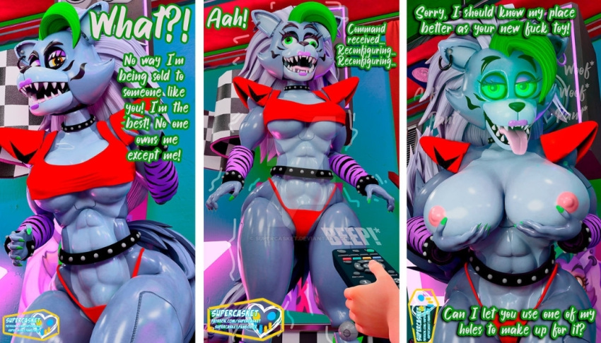 3d big_breasts brainwashing five_nights_at_freddy's five_nights_at_freddy's:_security_breach glowing_eyes green_eyes mind_control muscular_female remote_control roxanne_wolf_(fnaf) supercasket tech_control