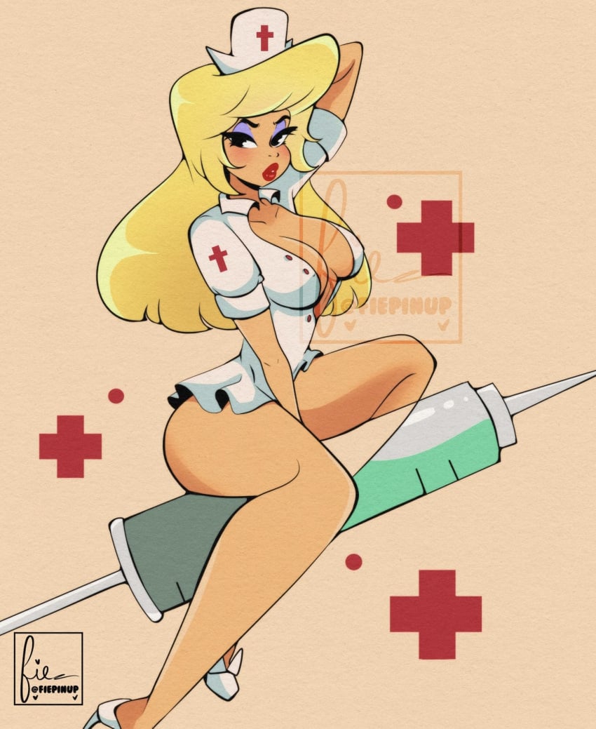 1girls animaniacs arm_up black_eyes blonde_hair blush breasts cleavage collarbone cresscin cross dress eyeshadow female female_only hat hello_nurse high_heels large_breasts long_hair looking_at_viewer makeup nurse nurse_cap open_clothes open_dress raised_eyebrow red_cross red_lips shoes short_sleeves sitting syringe white_dress white_footwear white_headwear