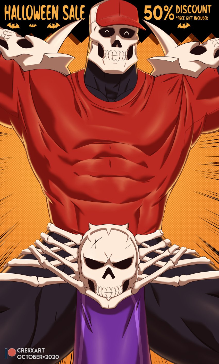 1boy 2020 abs bara barazoku biceps clothing cresxart double_dragon_neon english_text gay halloween hi_res highres kunio-kun male male_focus male_only manly muscles muscular muscular_arms muscular_legs muscular_male muscular_thighs river_city_girls skeleton skull_head skullmageddon solo solo_male spread_legs text tight_clothing