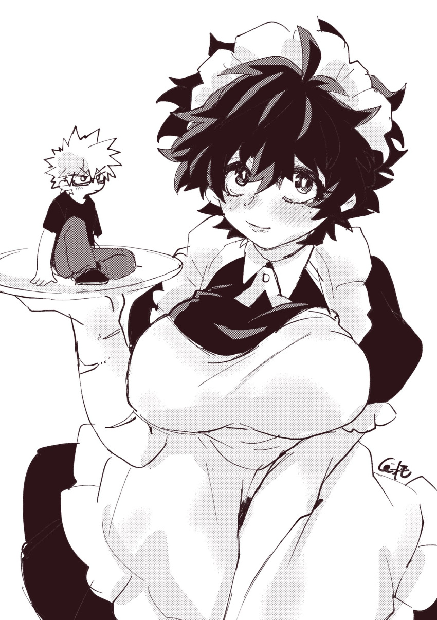 1girls adult_swim bakugou_katsuki big_breasts boku_no_hero_academia busty female female_deku female_focus female_only genderswap_(mtf) izuku_midoriya katsuki_bakugou macro maid maid_apron maid_headdress maid_outfit maid_uniform midoriya_izuku miniboy mrtm0102 my_hero_academia rule_63 serving_tray size_difference toonami