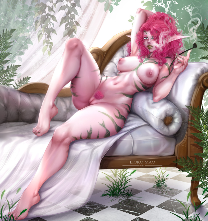 1girls absurd_res areolae arm_behind_head artist_name bent_leg body_markings breasts commission detailed_background elf elf_ears elf_female female female_only green_lipstick hair_over_one_eye liokko_mao long_hair looking_at_viewer lying lying_on_back lying_on_couch nipples nude nude_female pink_hair pink_pubic_hair pink_skin pipe pubic_hair pussy slit_pupils smiling smiling_at_viewer smoking solo striped_skin thick_thighs