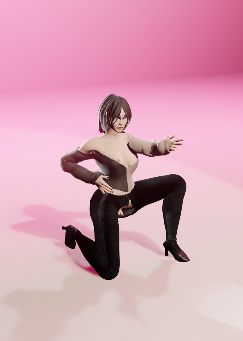 1futa 3d 3d_(artwork) black_hair blender blender_(software) blue_eyes breasts dickgirl flaccid flaccid_penis futa_only futanari intersex penis pink_nipples pink_penis small_breasts small_penis soft solo trans_woman transfem