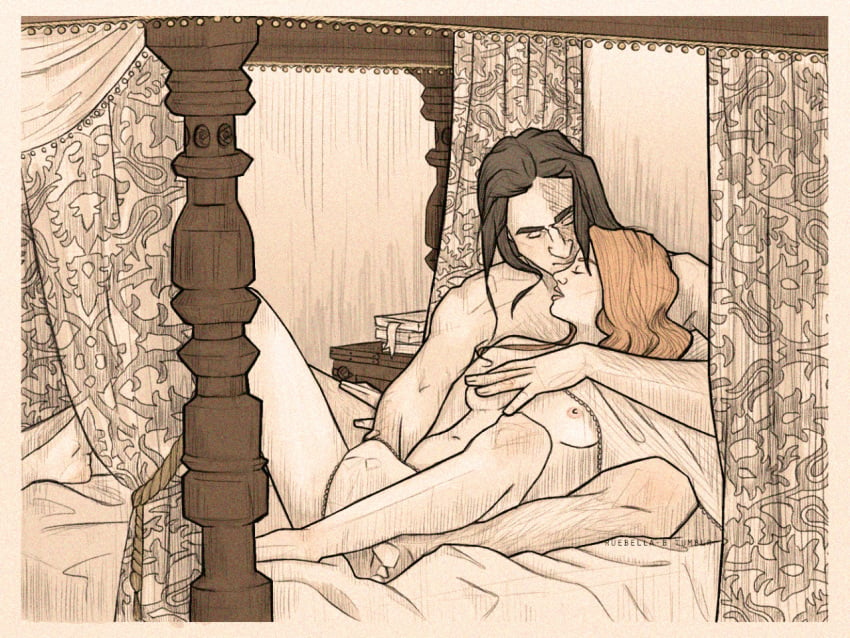 1boy 1girls a_song_of_ice_and_fire black_hair canopy_bed face_scar female nuebella-b red_hair sandor_clegane sansa_stark