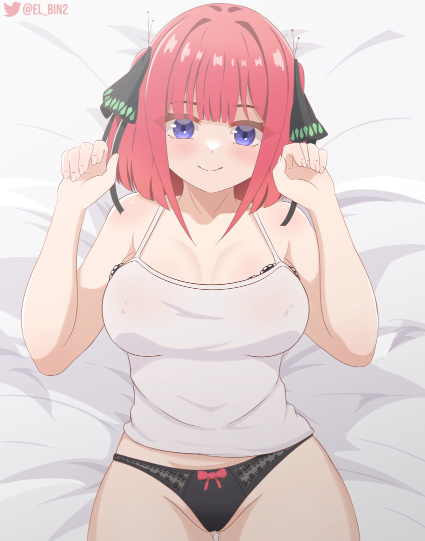 accurate_art_style big_breasts black_panties blue_eyes blush bra breasts el_bin go-toubun_no_hanayome huge_breasts looking_at_viewer nakano_nino on_bed pink_hair ribbon see-through_clothing short_hair smile solo thick_thighs thighs white_shirt