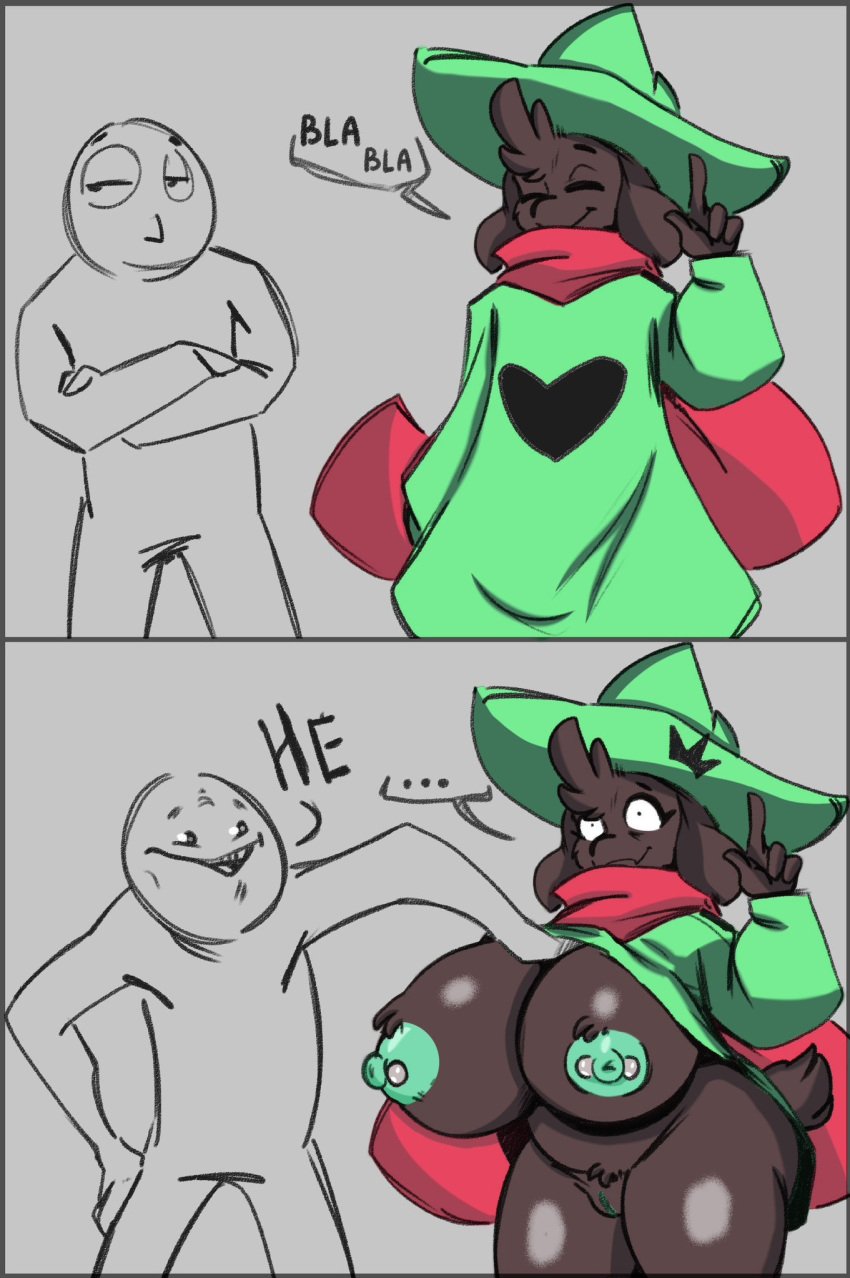 1boy 1girls areolae assisted_exposure big_breasts black_body black_fur black_skin breasts breasts_bigger_than_head breasts_out comedy deltarune exposed exposed_breasts female gonzalo_costa grabbing_breasts green_nipples huge_breasts karakylia large_breasts lifting_shirt male nipple_piercing nipples piercing pussy ralsei ralsei_(female) ralsei_with_black_fur rule_63 shortstack tail thick_thighs thighs wide_hips witch_hat